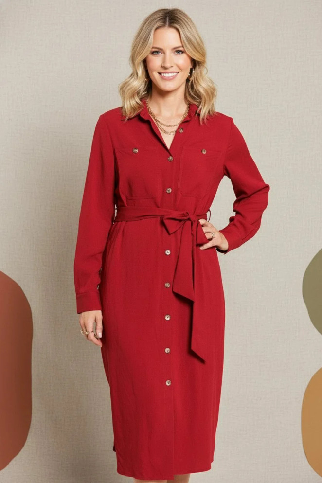 SOLID BUTTON DOWN BELTED LONG RED DRESS