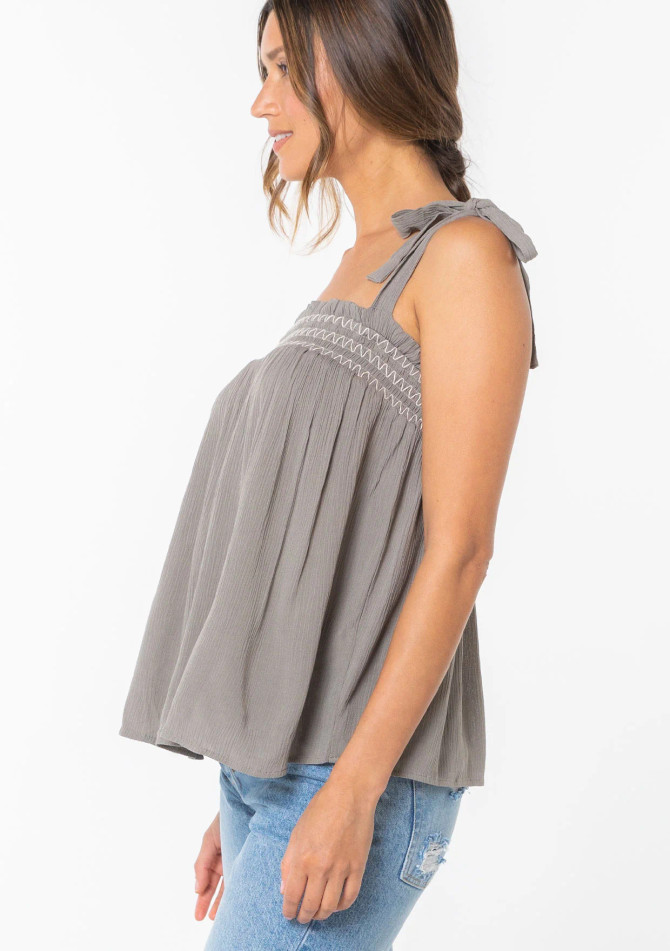 BOHEMIAN TIE SHOULDER SMOCKED TANK TOP