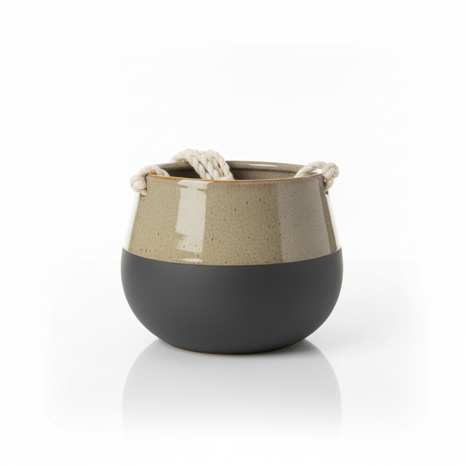 MODERN TWO-TONE CERAMIC HANGING PLANTER WITH COTTON ROPE