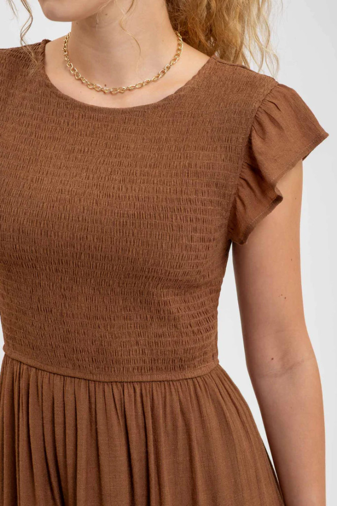 SMOCKED TIERED MIDI DRESS