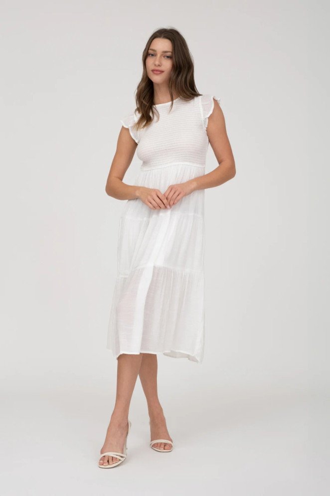 SMOCKED TIERED MIDI DRESS