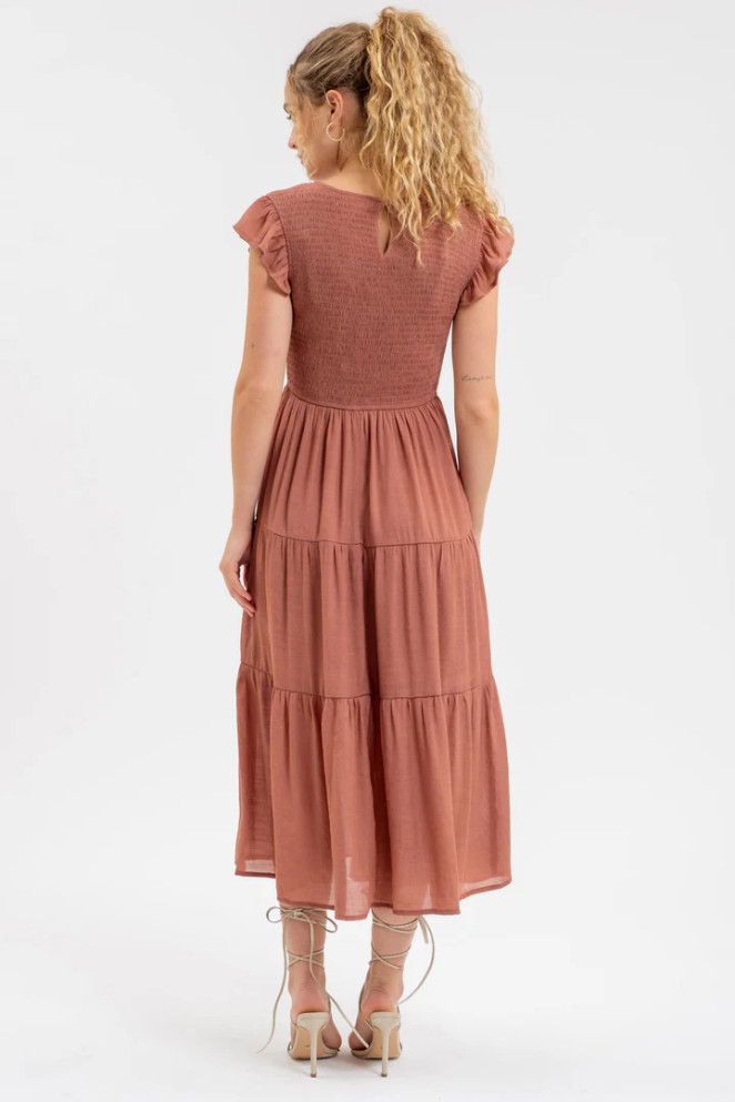 SMOCKED TIERED MIDI DRESS