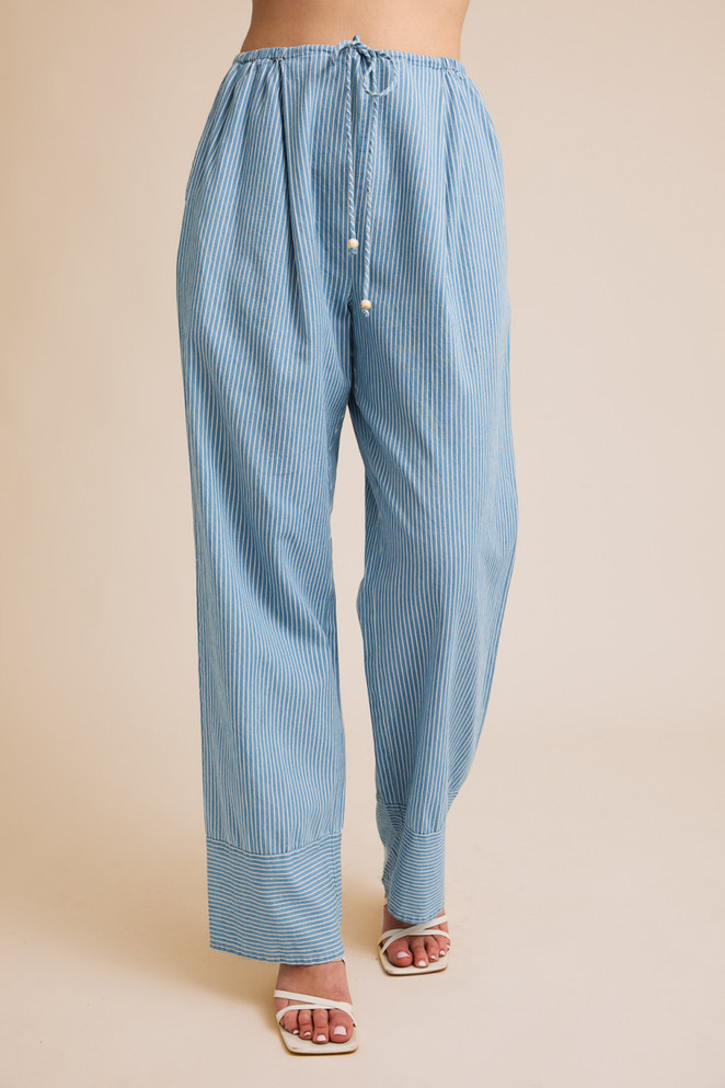 DRAW STRING WAIST STRIPE CHAMBRAY PANTS