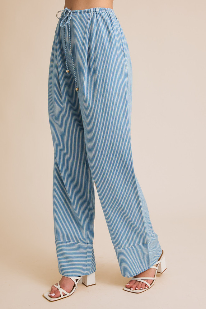 DRAW STRING WAIST STRIPE CHAMBRAY PANTS
