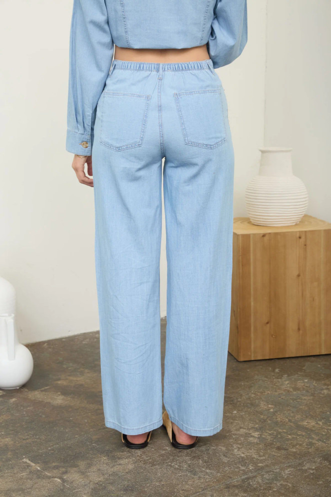 WASHED DENIM FRONT TIE WIDE LEG PANTS