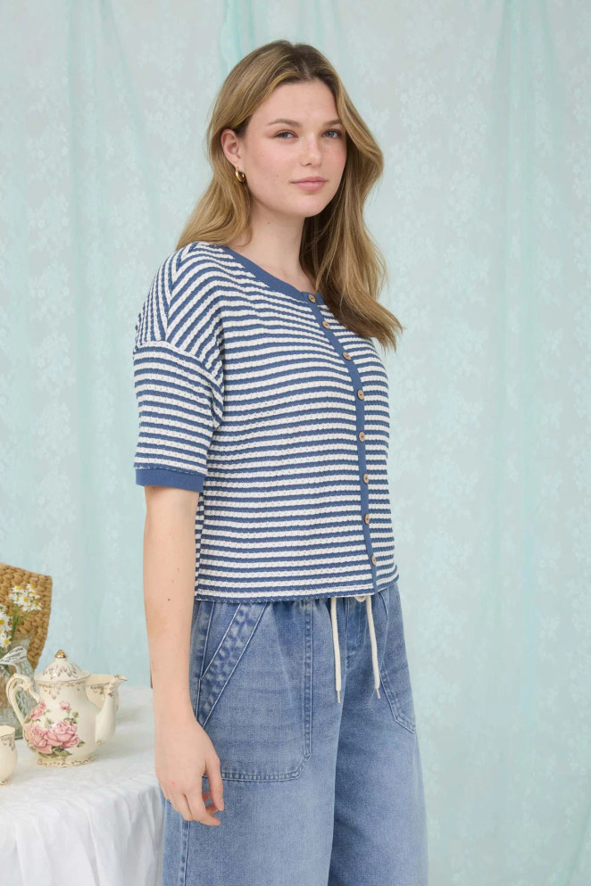 STRIPE BUTTON DOWN THERMAL KNIT TOP