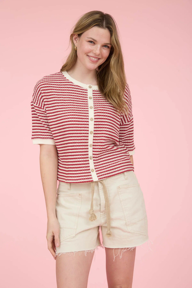 STRIPE BUTTON DOWN THERMAL KNIT TOP