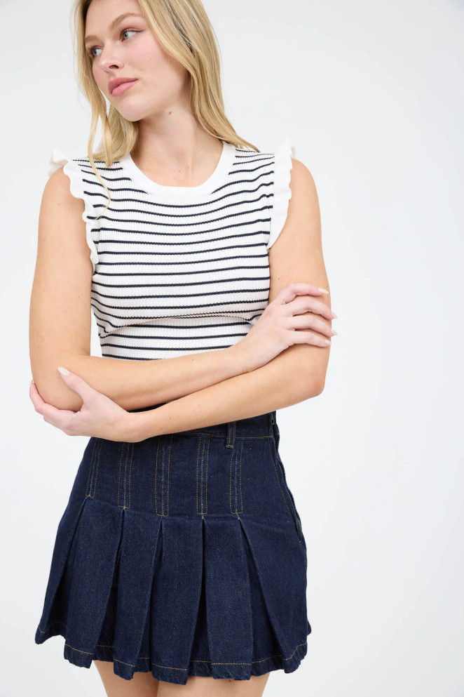 STRIPE RUFFLE TRIM SLEEVELESS SWEATER