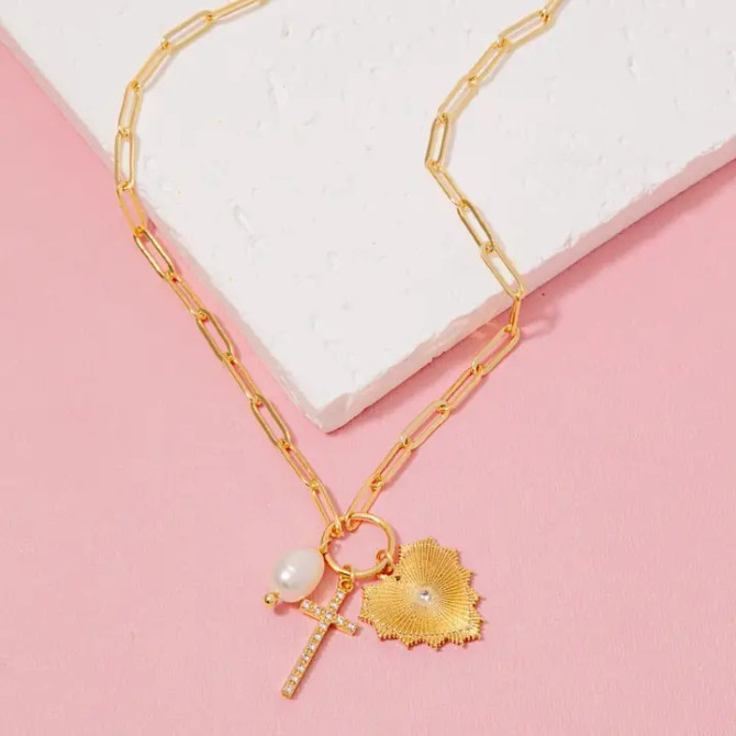 GOLD DIPPED CZ PAVE CROSS PEARL AND HEART CHARMS CHAIN NECKLACE
