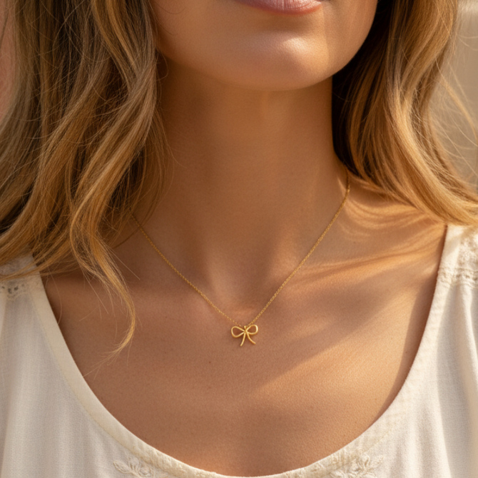 GOLD DIPPED WIRE RIBBON BOW PENDANT NECKLACE