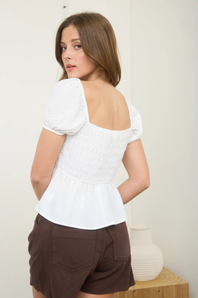 FRONT TIE DETAIL PUFF SLEEVE SMOCKED TOP