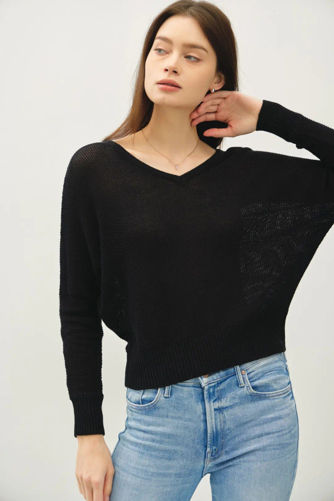 DOUBLE V-NECK BACK BUTTON DOWN SWEATER