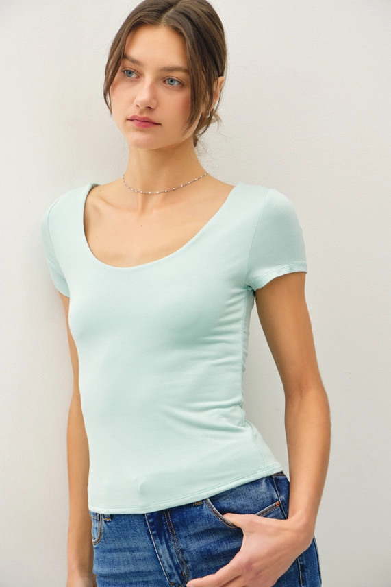 DOUBLE LINED SCOOP NECK CAP SLEEVE BASIC TOP