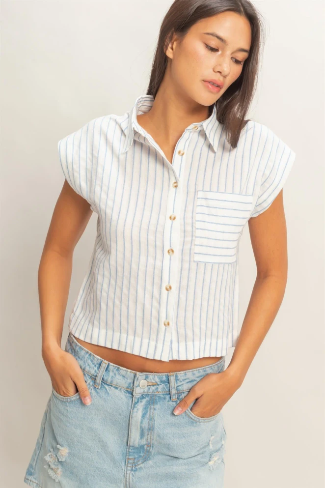 STRIPED CAP SLEEVE BUTTON UP SHIRT