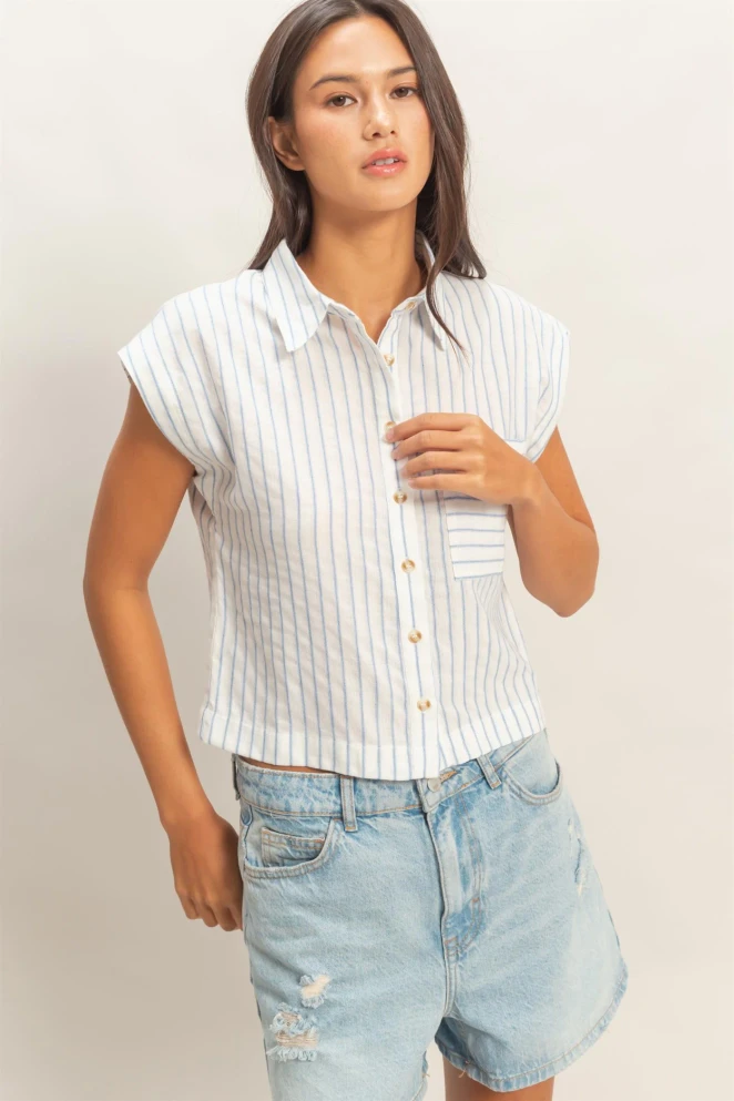 STRIPED CAP SLEEVE BUTTON UP SHIRT