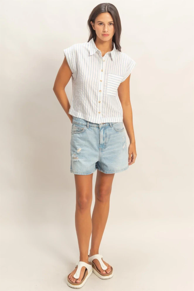 STRIPED CAP SLEEVE BUTTON UP SHIRT
