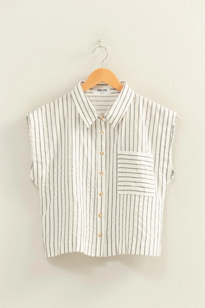 STRIPED CAP SLEEVE BUTTON UP SHIRT