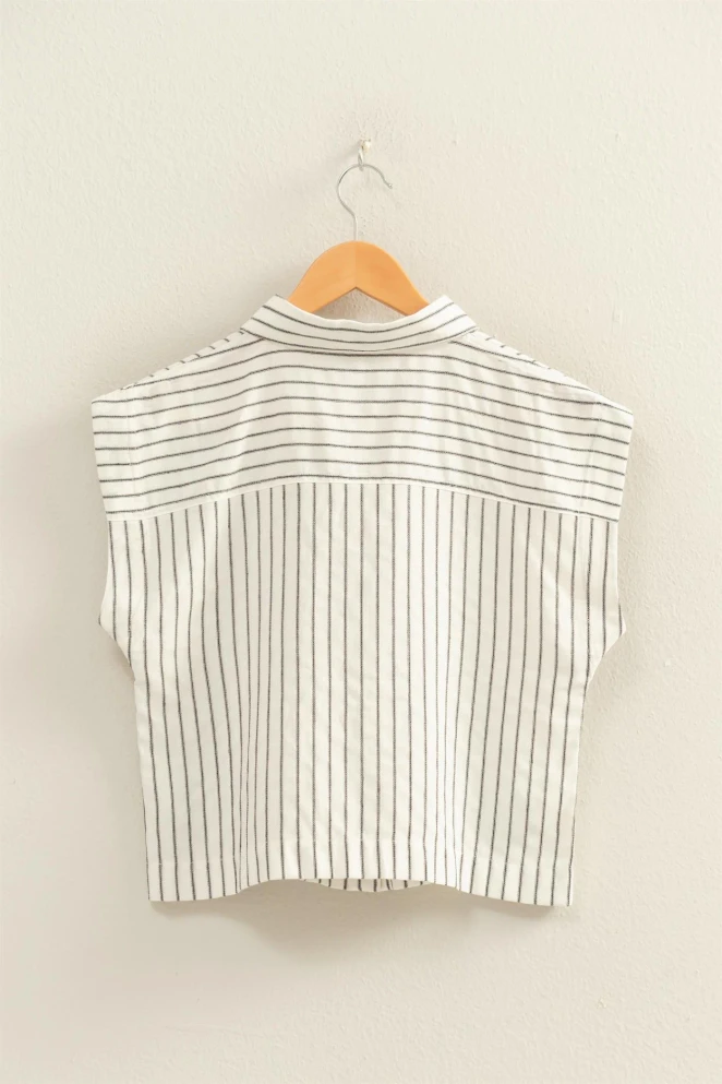 STRIPED CAP SLEEVE BUTTON UP SHIRT