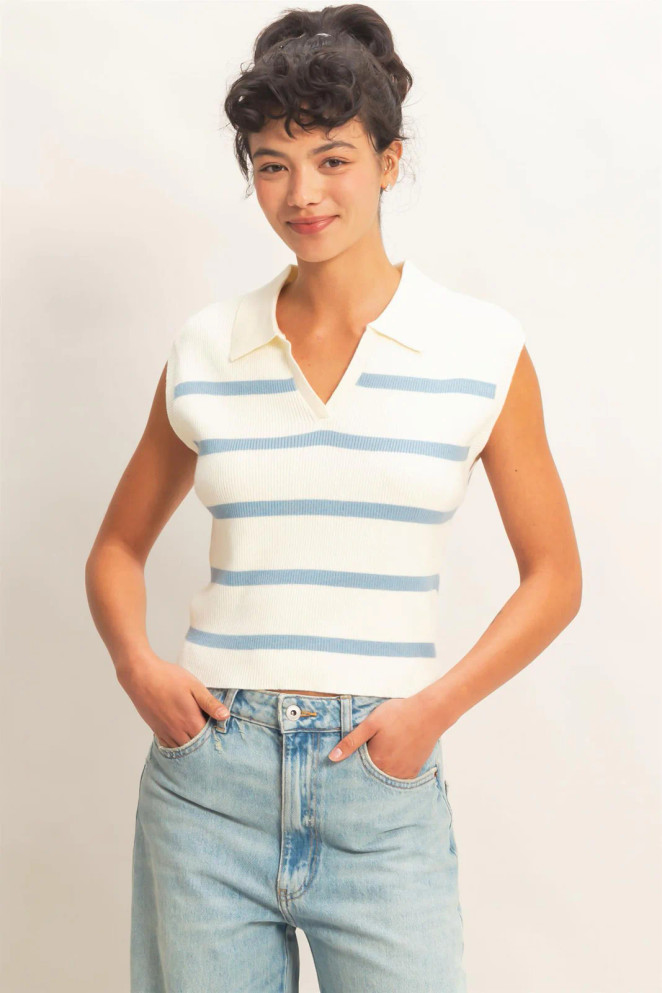 COLLARED STRIPED POLO TOP