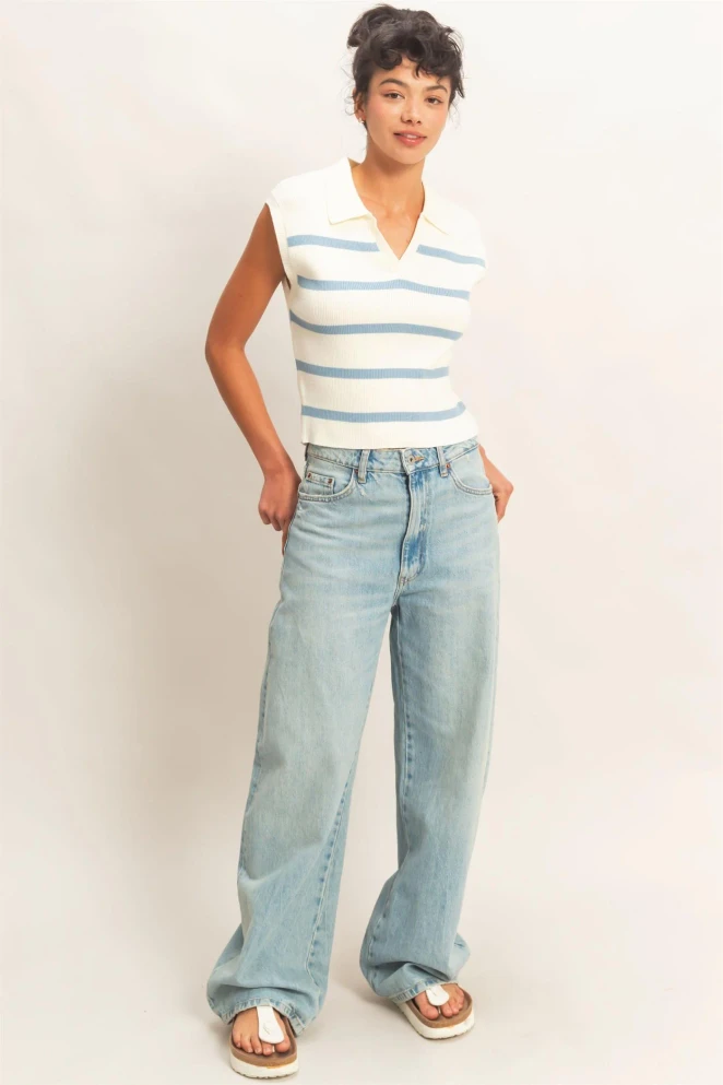 COLLARED STRIPED POLO TOP