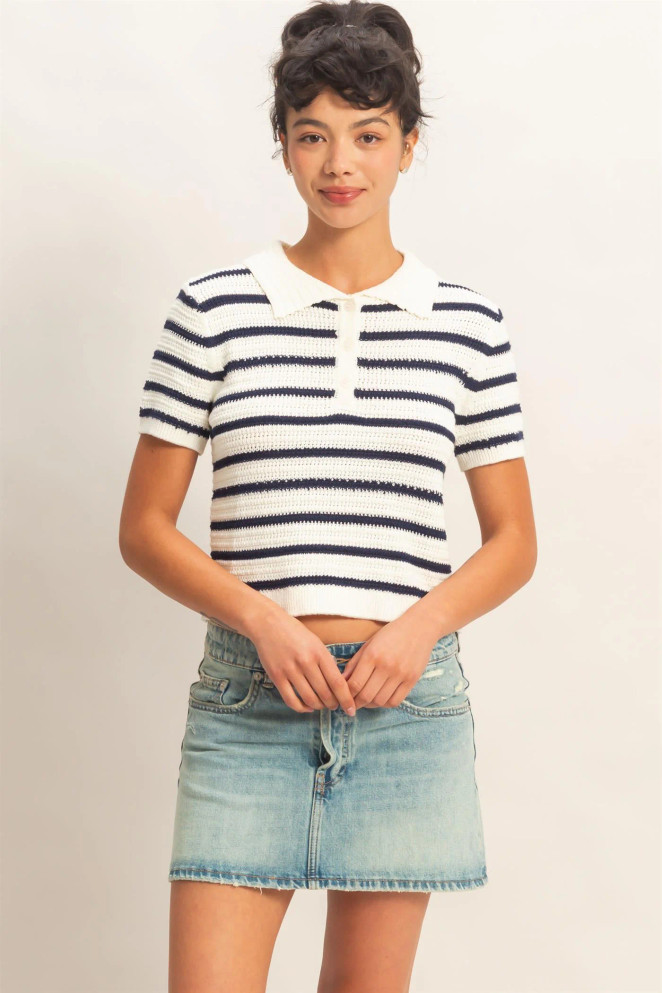 SHORT SLEEVE STRIPED KNIT POLO TOP