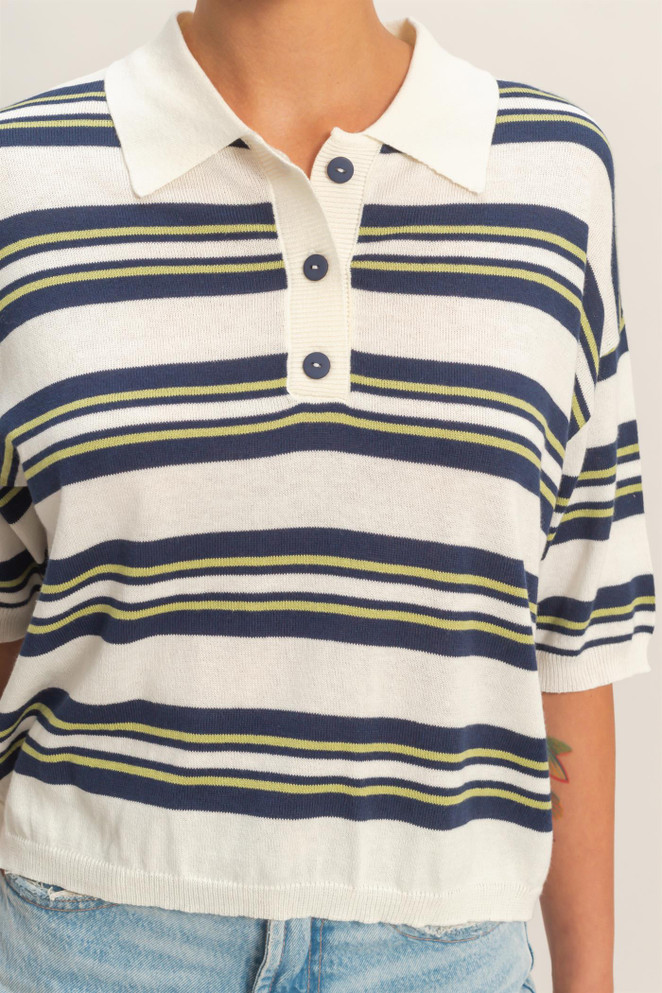 STRIPED SHORT SLEEVE POLO KNIT TOP
