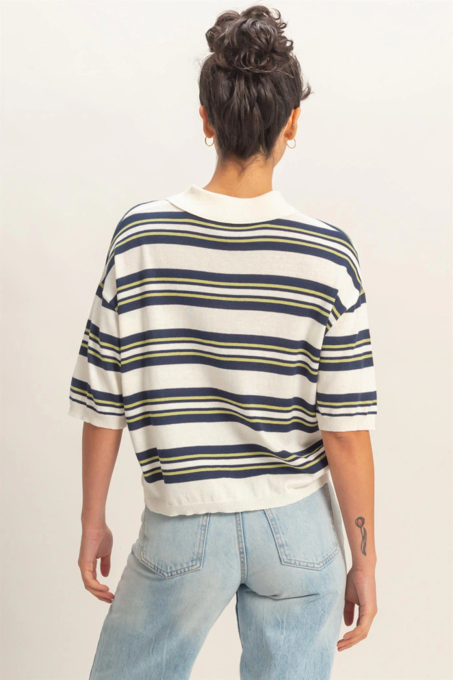 STRIPED SHORT SLEEVE POLO KNIT TOP