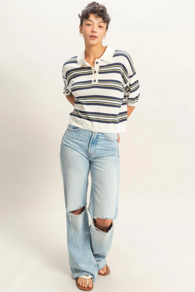 STRIPED SHORT SLEEVE POLO KNIT TOP