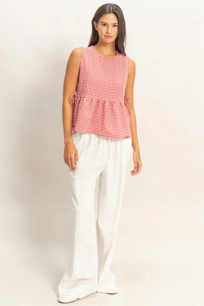 GINGHAM SIDE TIE SLEEVELESS PEPLUM TOP