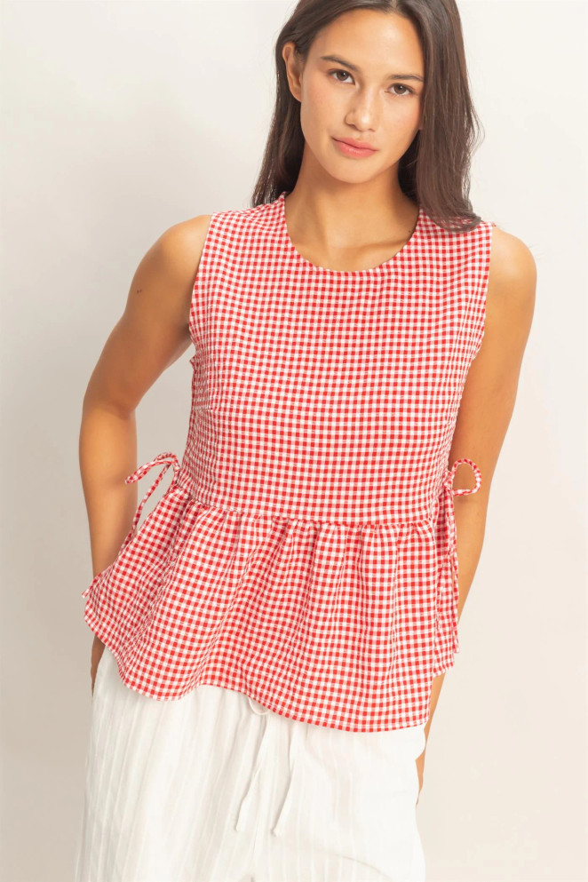 GINGHAM SIDE TIE SLEEVELESS PEPLUM TOP