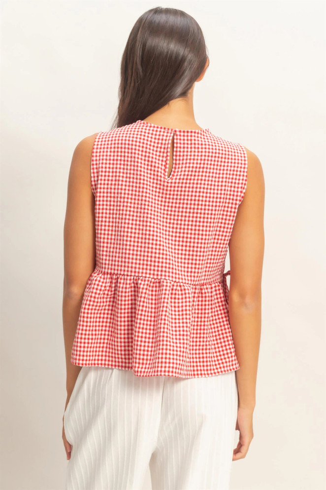 GINGHAM SIDE TIE SLEEVELESS PEPLUM TOP
