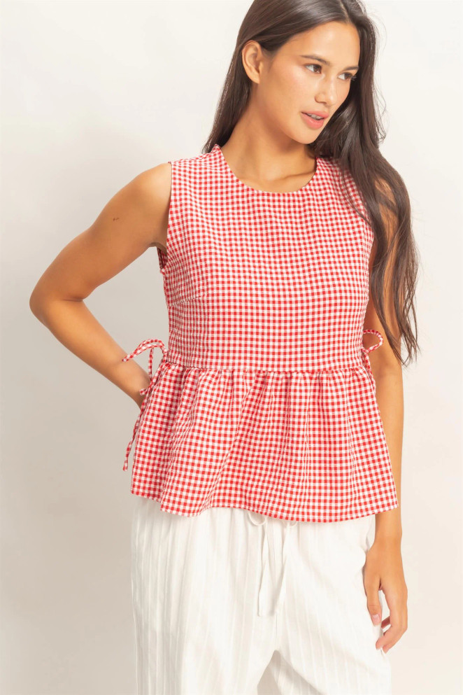 GINGHAM SIDE TIE SLEEVELESS PEPLUM TOP