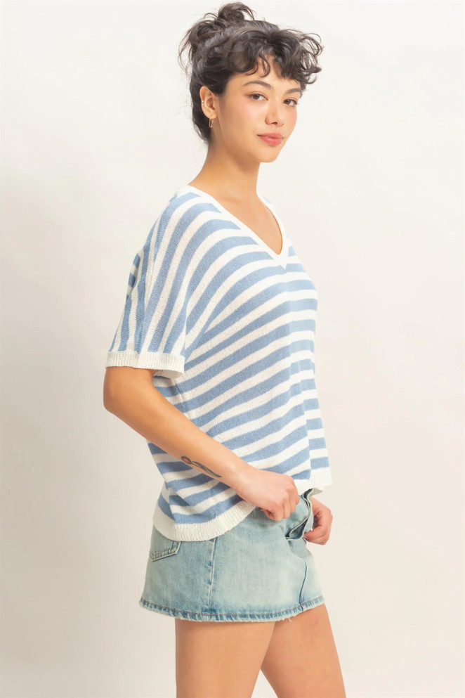 STRIPED V-NECK SHORT DOLMAN SLEEVE TOP