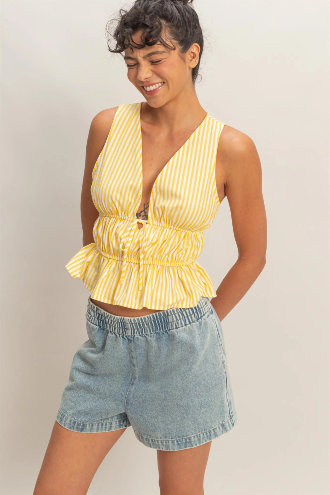 STRIPED TIE FRONT PEPLUM SLEEVELESS TOP