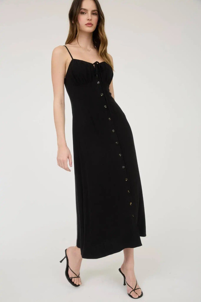 SPAGHETTI STRAP BUTTON DOWN FRONT TIE MIDI DRESS