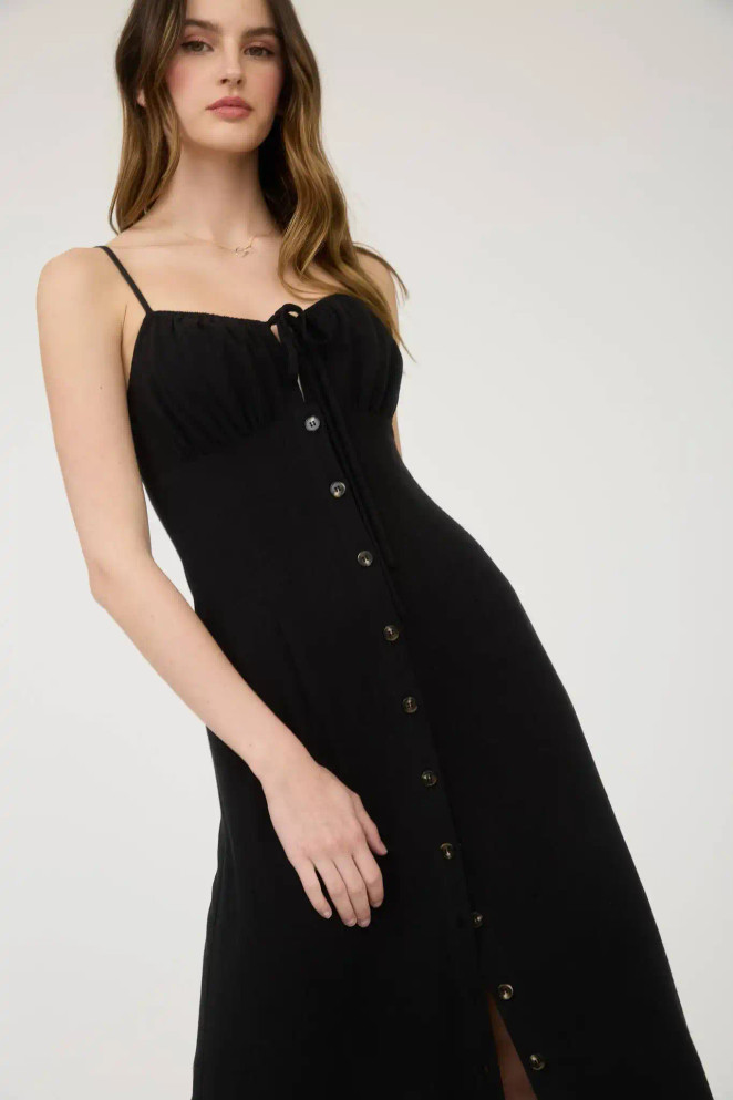 SPAGHETTI STRAP BUTTON DOWN FRONT TIE MIDI DRESS