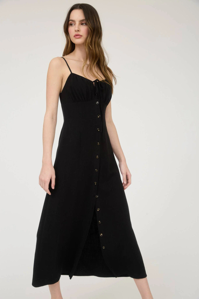 SPAGHETTI STRAP BUTTON DOWN FRONT TIE MIDI DRESS