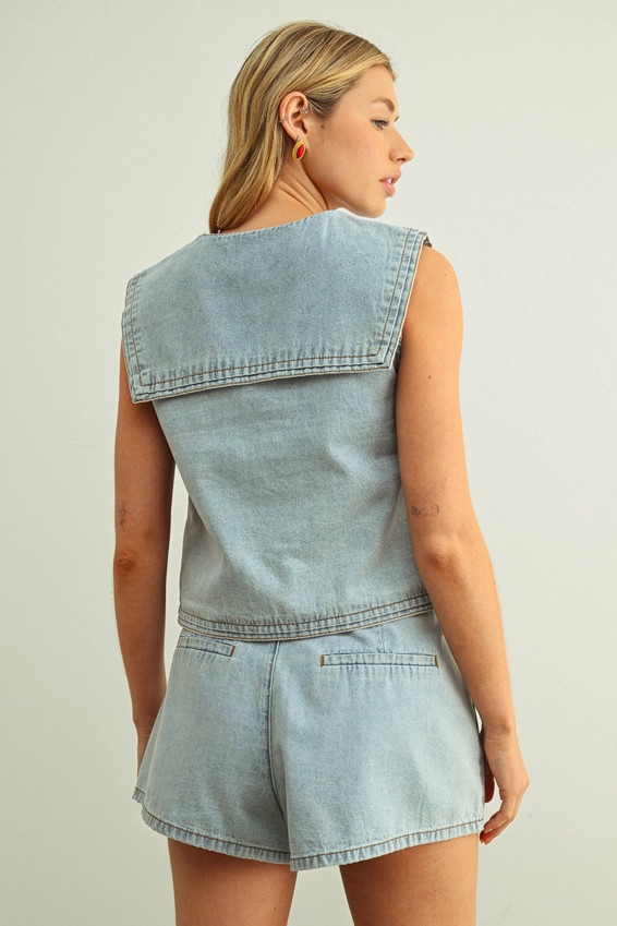 SAILOR COLLAR BUTTON FRONT DENIM TOP