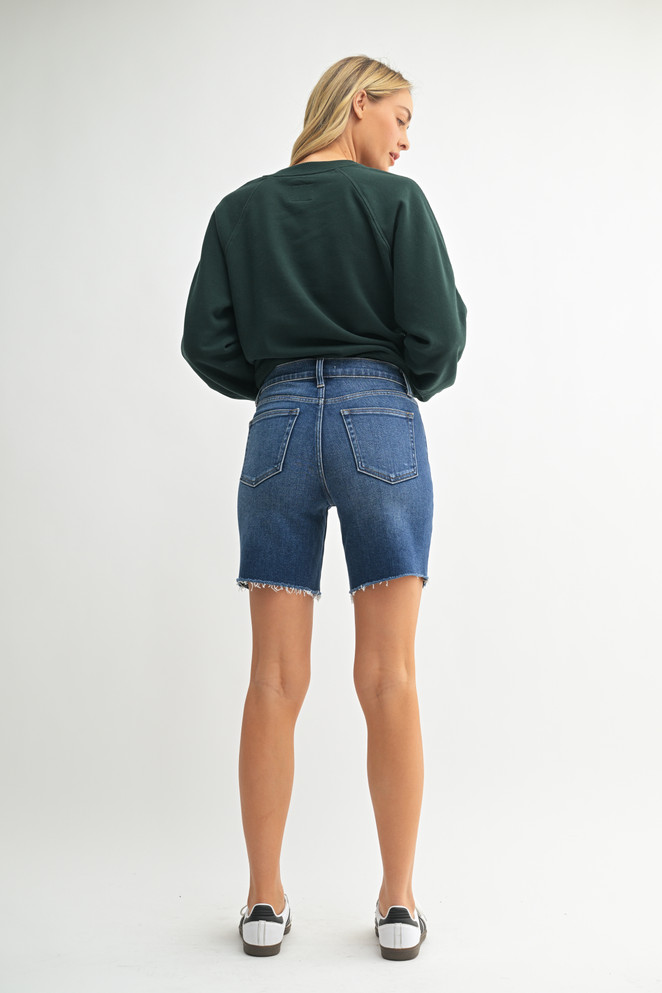 HIGH RISE SCISSOR CUT LONGER LENGTH DENIM SHORT