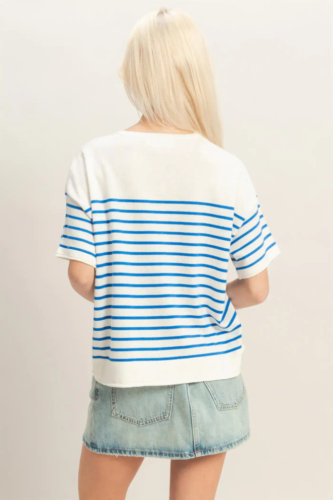 STRIPED SHORT SLEEVE KNIT TOP