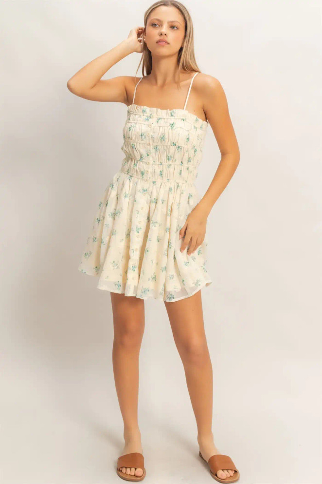 SHIRRED FLORAL BUTTON-FRONT MINI DRESS