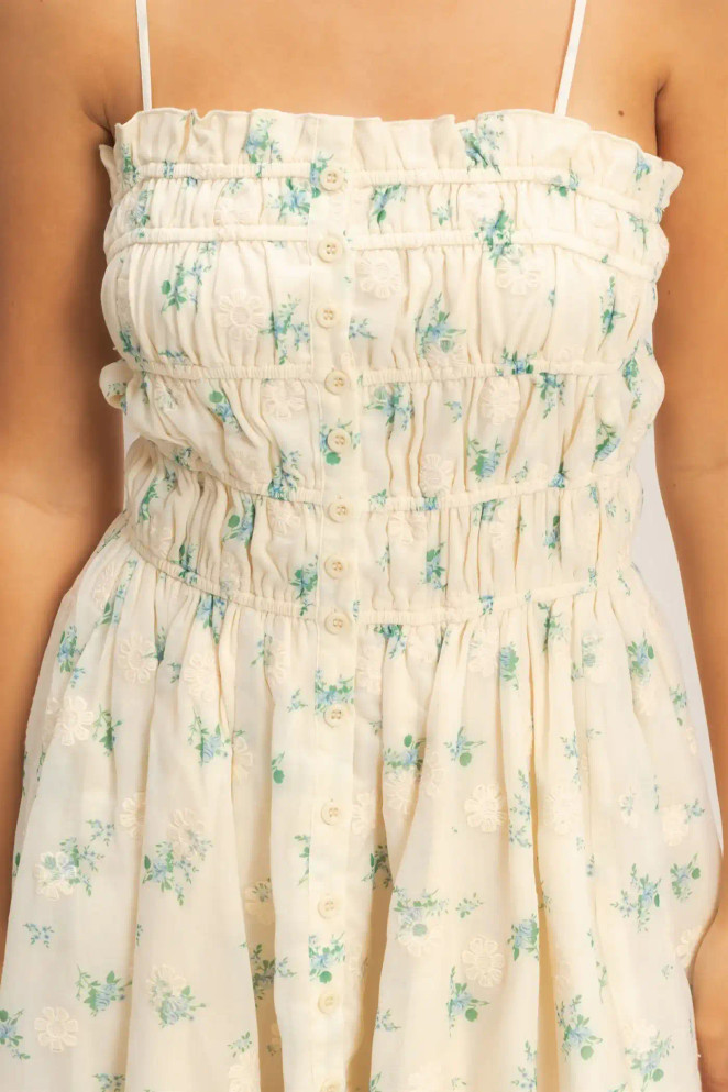 SHIRRED FLORAL BUTTON-FRONT MINI DRESS