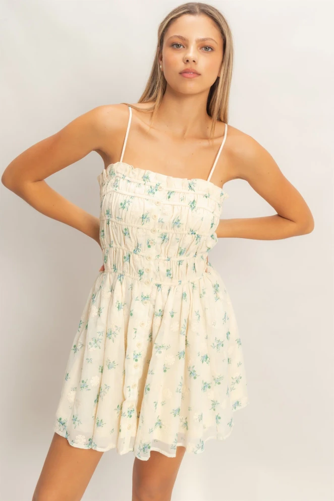 SHIRRED FLORAL BUTTON-FRONT MINI DRESS