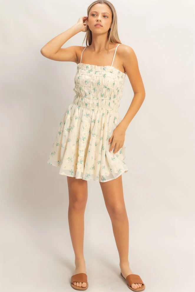 SHIRRED FLORAL BUTTON-FRONT MINI DRESS