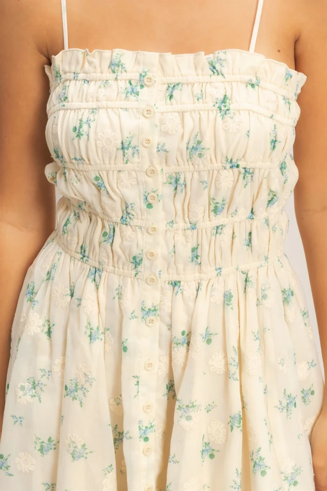 SHIRRED FLORAL BUTTON-FRONT MINI DRESS