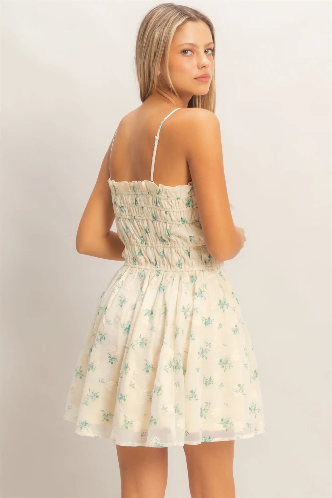 SHIRRED FLORAL BUTTON-FRONT MINI DRESS