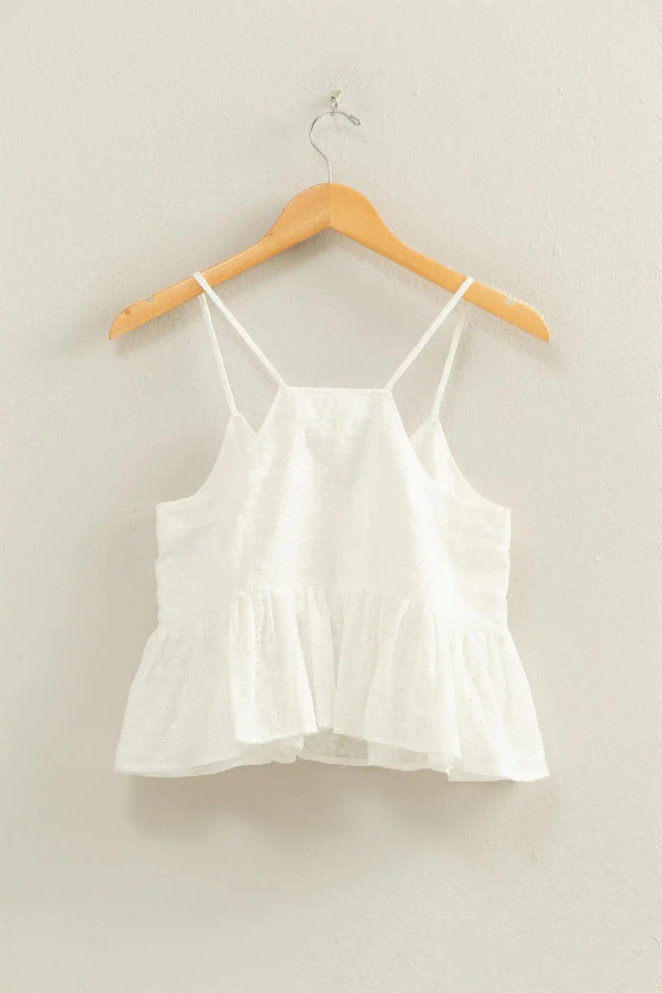 EYELET BUTTON DETAIL PEPLUM TOP