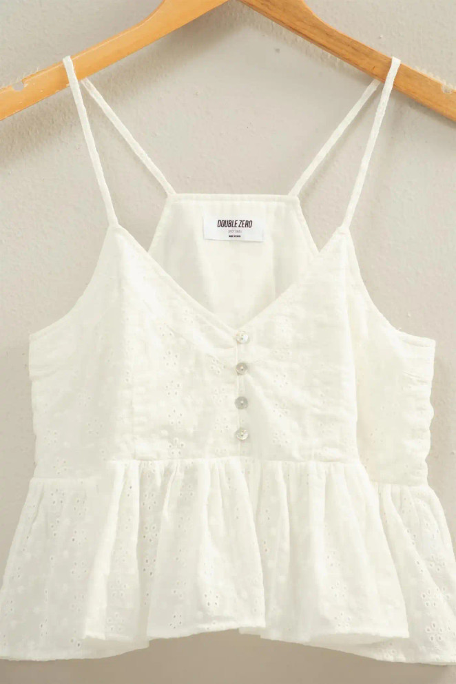 EYELET BUTTON DETAIL PEPLUM TOP