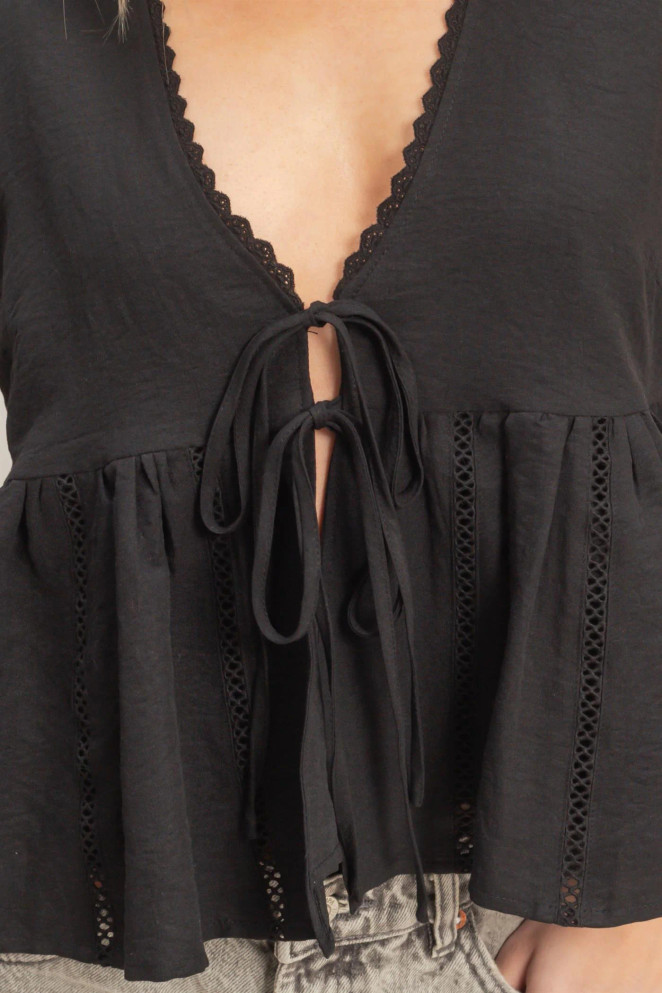 LACE TRIM TIE FRONT BLOUSE