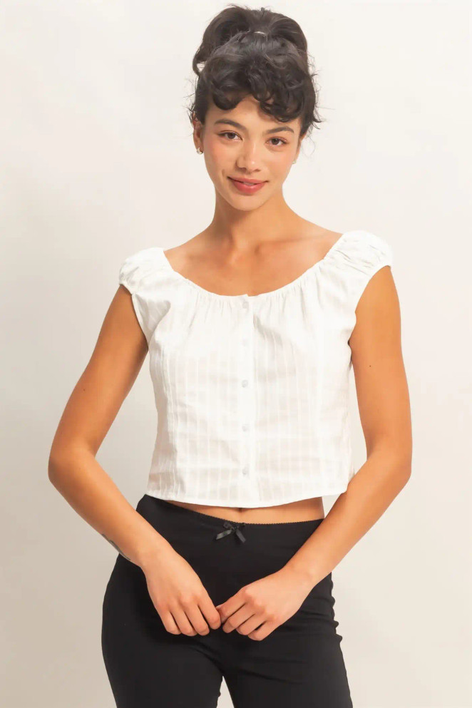 BUTTON FRONT SCOOP NECK CAP SLEEVE TOP